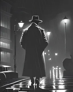 A dramatic, film noir-inspired illustration of a shadowy, rain-soaked city street at night, with a mysterious figure in a trench coat and fedora standing under a streetlight, evoking a sense of tension and suspense reminiscent of classic crime dramas.