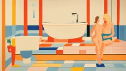 CREATE A pictorial composition BY creatively MIXING the works of "Bathroom Collage" by Tom Wesselmann and "Pool 2 Figures" by David Hockney