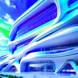 Complete view of Zaha Hadid style building white cream 8k digital art