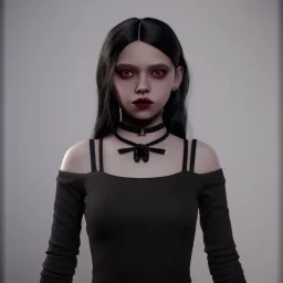 Female Jenna ortega black dress,soft goth libstick, wednesday addams family make up, brad double wig, dramatic lighting, highly detailed, volumetric lighting, unreal engine, 8k