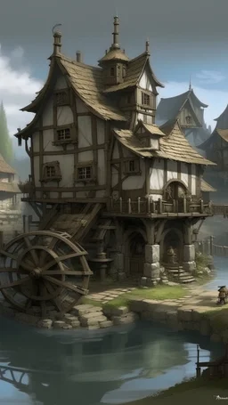 A gray steampunk town with a watermill designed in German folk art painted by Edouard Manet