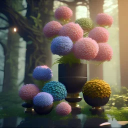 Exotic flowers in a black pot, 8k,unreal engine, very detailed,flashy colors, forest background,realistic, cinema 4D