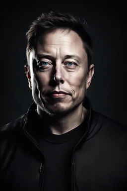Portrait of Elon musk, scary cyborg face, metal plate checks and forehead, one red eye