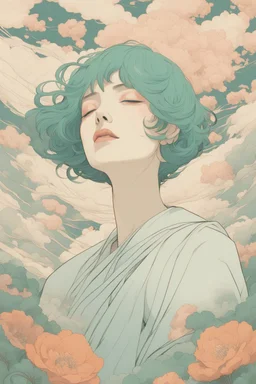 wind blowing from below, portrait of beautiful crying woman with short green hair, tears flowing up, loose lines, flowers, smoke, pastel orange and pastel blue, sense of liberation, concept art, art by james jean, takato yamamoto, 4k, concept art, illustrative