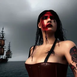 illustrator, hyper realistic, young spanish pirate girl, wet hair.lips red smiling. tatoos on neck. dressed in leather and carved bra. Many pirate ships in background. black flags. high details, thunderstorm. 4k, unreal engine, misty, tintoretto, model