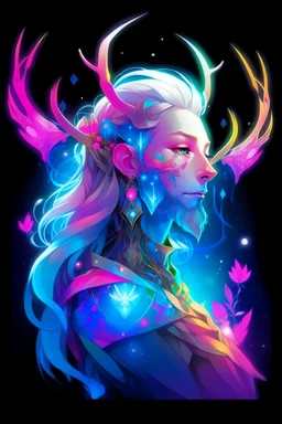 prismatic hair ethereal transparent prism astral projection Male antlers druid of the stars beard constellations radiance prismatic shining starlight enshrouded radiance spring blossom pink cheerful rainbow