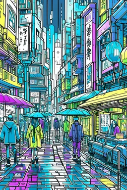coloriages mystères :Une nuit pluvieuse dans une cité cyberpunk. Des gratte-ciels métalliques émergent de la brume, et des néons multicolores reflètent sur des surfaces mouillées. Des marchands de rue vendent des gadgets high-tech, et des androïdes aux yeux lumineux se mêlent à la foule animée.