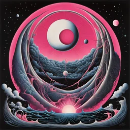 Surreal sneaky lunatic lunar eclipse, Style by Gerald Scarfe and Alan Kenny Scharf and Wotto, sinister surreal masterpiece, text "PINK FLOYD" in iconic pink floyd font, Album art, color ink illustration, dark colors, smooth, by Gerald Scarfe