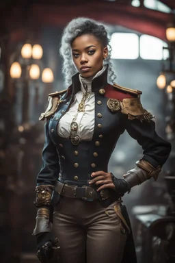 young mulatto girl with snow white hair, dressed as a steampunk naval officer with no hat