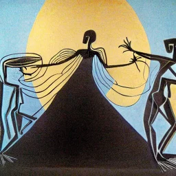 drawn in single line by Nicolai Blatter with hatch with parallel wavy lines metal engraving with african man dance procession in salvador dali style or picasso style