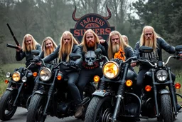 a very hard and tuff motorcycle young gang with long blond viking hair, not old, posing with their Harley Davidsson bikes, some of them holding guns and shotguns, a logo sign with Falköpings HD Club, "Fearless sinners" Skulls and bones, skeletons and fire DEMONS