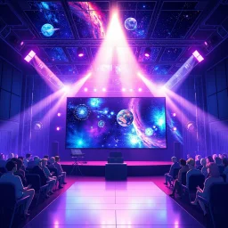 poster for a party with anime music videos galaxy theme stage with big screen