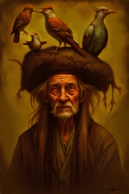 a painting of an old man with a bird on his head, a character portrait by Wendy Froud, cgsociety, fantasy art, storybook illustration, grotesque, detailed painting