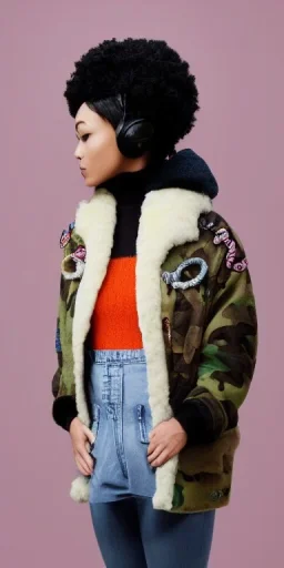 Woman black hair. average body type. big head. Mantle is sewed of upcycled Denim and sewed together of camouflage pieces. Pieces' color are orange, cream and purple. It is with big bright purple felt tippet and cream-colored-hood. mantle is merged with satchel. . Big AKG-style headphones (gold rings!) is merged with small felt cap with small visor. Style: Haute Couture in 1910's, Paris fashion in 1998, inspired by street art. blue latex gaiters. Her head and rest body!