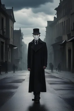 photo raw, 8k uhd, 1930s film still, front man in black trenchcoat and black hat, wearing white plastic anonymous mask, dark hair, in the middle of a dark street, sharp focus, realistic, dark and cloudy sky,