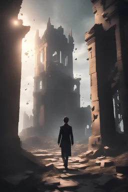 A youthful magician approaches a ruined tower, dressed in formal wear, cinematic lighting, ray tracing, ominous vibes
