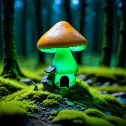 "Close up of a wonderful tiny Mushroom Tower home. Orange and green with bright white, deep black and contrasting tones of gray. Illuminated bioluminescent forest. Professional painter, master at composition. small but detailed. broken, blurred background, voluminous lighting"