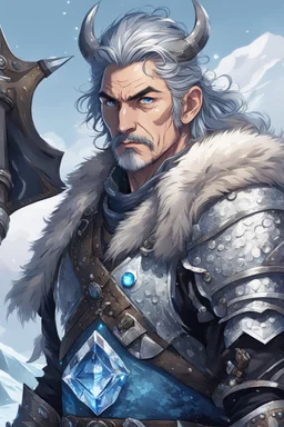 in anime style,1older man, a older man with blue eyes and black hair man in silver Viking armor with fur around the neck with blue crystal on his chest holding an axe in his hands standing on a pirate ship in the artic, warrior in anime style,