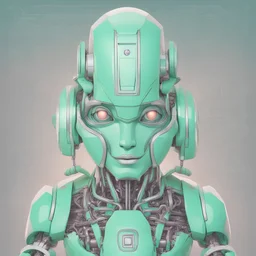 ultra-realistic digital art, portrait of robot AI superintelligence, wealth, mint green, glow, cartoon, kawaii