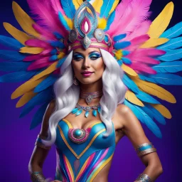 photorealistic full body portrait of a beautiful smiling amazonian carnival goddess with long parma white hair, colorful feathers tight hips with a tron like body suit in a cosmic surounding only blue , pink and yellow