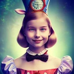 3D close-up of a beautiful "Alice in the wonderland",ten years old,disney, sarcastic smile, high contrast, glowing backlighting, blue and red backlighting, vibrant hair, dark brown eyes, sharp focus, high makeup, medium face painting, background blur.