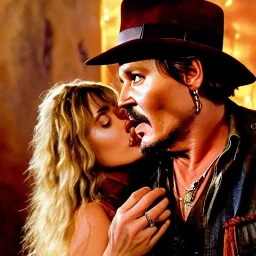 portrait of johnny depp as indiana jones kissing a german model