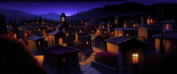 A purplish black Day of the Dead town with candles painted by Frank Wilson