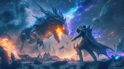 post apocalyptic space sorcerer fight againts a black dragon, destroyed city, night starry sky, epic cinematic fight scene, 8k resolution, photorealistic, ultra detailed, macro photography