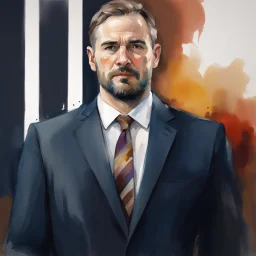 Portrait of a politician in a suit, white shirt, brown tie; short beard, very short bristly hair; white background; in the style of watercolor, paint spalshes, very colourful;