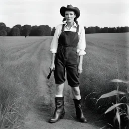 [photo by Helmut Newton] Grown up Pippi Longstocking: with a revealing overalls and cowboy boots in a field