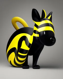 A black, round creature with long ears with yellow stripes and a long tail with a yellow stripe