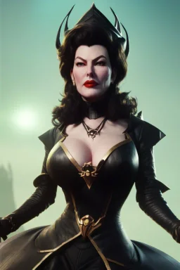 Ava Gardner as evil queen in black leather, busty, cleavage, curvy, angry, stern look. character design by cory loftis, fenghua zhong, ryohei hase, ismail inceoglu and ruan jia. unreal engine 5, artistic lighting, highly detailed, photorealistic, fantasy