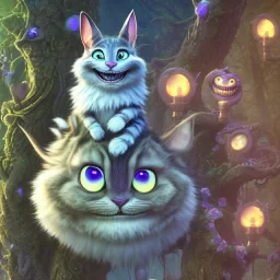 cheshire cat in a tree, leaning on a branch, wide grin, glowing eyes, blue and grey, alice in wonderland, signpost pointing in different directions, film still