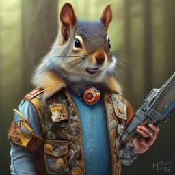  highly detailed and realistic squirrel gang member wearing a vest and a bandana riding a chopper, high detail, realism, vibrant colours, graffiti accents, complementary colours, splash art, perfect composition, beautiful detailed intricate insanely detailed octane render trending on artstation, 8 k artistic photography, photorealistic concept art, soft natural volumetric cinematic perfect light, chiaroscuro, award - winning photograph, masterpiece, oil on canvas, raphael, caravaggio, greg rutko