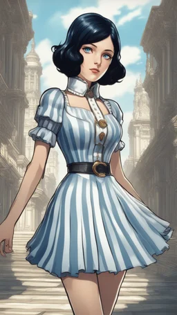 Elizabeth with short black hair and blue eyes and blue and white dress in 8k anime cgi artstyle, bioshock them full body, fire impact, apocalypse, intricate details, highly detailed, high details, detailed portrait, masterpiece,ultra detailed, ultra quality