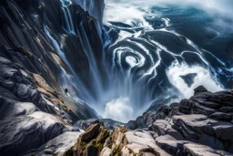 at the base of the rocky mountain peninsula, a great whirlpool waterfalls into deeper unknown depths