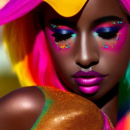 masterpiece, best quality, woman, dark skinned, sparkling eyes, fluorescent skin, colorful makeup, blond flutter hair, highly detailed body, sun light, 4K, RAW, depth of field, high contrast, realistic details, 24mm