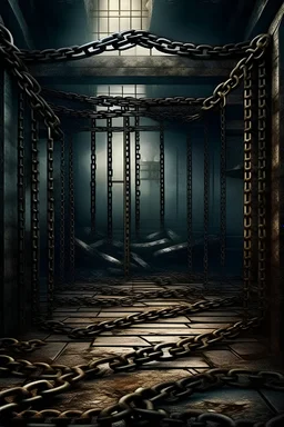 Create a narrative depicting a prison of the mind surrounded by chains and iron, with a lock firmly in place. Explore the psychological landscape of this prison, delving into the thoughts, emotions, and struggles of the individual trapped within. Describe the metaphorical bars that confine their thoughts, the chains that bind their aspirations, and the lock symbolizing the barriers preventing mental freedom. Consider the journey toward breaking free from these mental constraints and the challeng