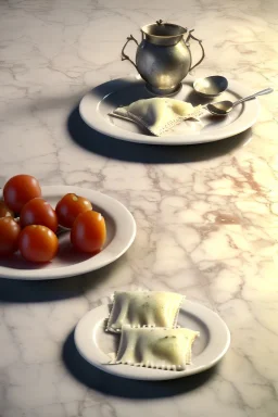 Raviolis, Italian Renaissance style still life consisting of a plate of Italian ravioli with natural cherry tomato and basil accompanied by olives, moisture ambient, natural ornaments, ceramic, marble, high kitchen, smooth, god rays, unreal engine 5, ray tracing, RTX, lumen lighting, ultra detail, volumetric lighting, 3d.