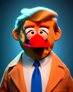 Waist up Portrait, Donald trump muppet, Sesame Street style, retro style, photo studio, blue background, unreal engine 5, god lights, ray tracing, RTX, lumen lighting, ultra detail, volumetric lighting, 3d.