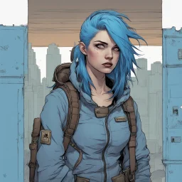 female, portrait,comic book, face, post-apocalypse, blue hair