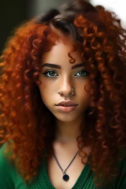 Mixed girl long curly reddish Orenge hair dark green eyes