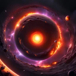 A solar system tightly orbiting a black hole, destruction, terror, ripping apart, colorful, dark, ominous, beautiful abyss, vivid, 8k 3d, vray, highly detailed matte painting, action, concept art, phoptorealistic, dozens of brightly lit rings of destroyed orbiting bodies, perfect circles purples, reds, black, yellow and orange