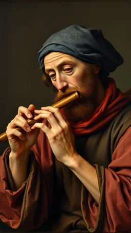 Hieronymus Bosch style , a man with playing the flute