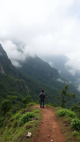 A trail between two mountains peaks in the Amazon side view , , below is a huge wood top view , foggy, misty , adventures, a man with walking stick at the end of the trail