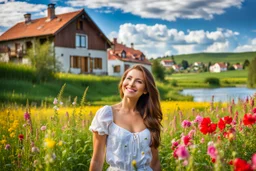 Young woman in flower field in country side ,river, houses,blue sky ,nice clouds,god rays