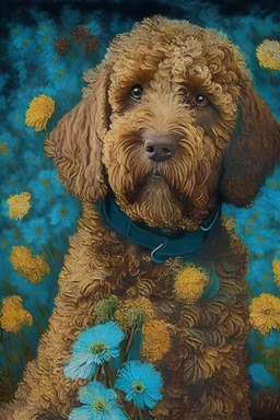 brown labradoodle, flowers, by van gogh