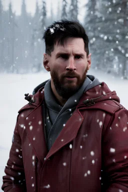 portrait of Messi in Syberia , snowfall , winter outfit , realistic skin texture, cinematic, 75mm