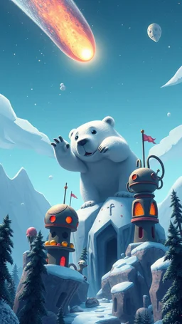 comet that looks like polar bear captain above frozen artic jungle with weird alien towers gets torn apart under him, in the style of Pixar, expertly crafted in a whimsical and vibrant cartoon style. is masterfully rendered in a lifelike 3D design, which captivates viewers with there irresistible charm.