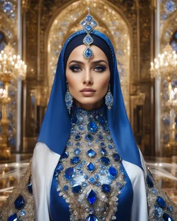 Gorgeous photography stand pose Beautiful super model Iranian islamic hijab dressing Luxury crystal diamonds sapphire diamonds ,colorful art conceptual, amazing artwork,close-up portrait,luxury Royal Palace background